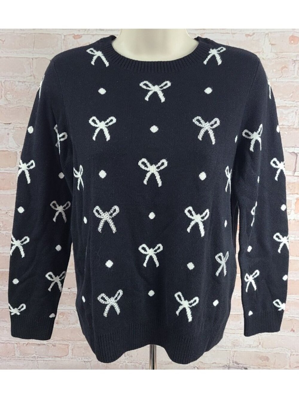 Charter Club Sweater Black Rhinestones All Over Print Bows Cottagecore Petite M